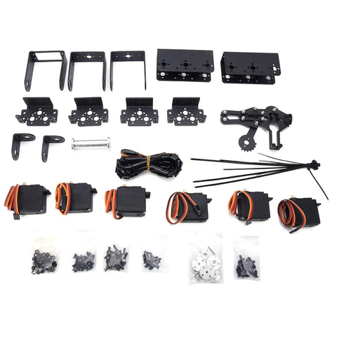 Build Your Own 6 Degree Freedom Mechanical Robot Arm Kit With Servo Motors Claw Gripper parts layout including servo motors and metal brackets.