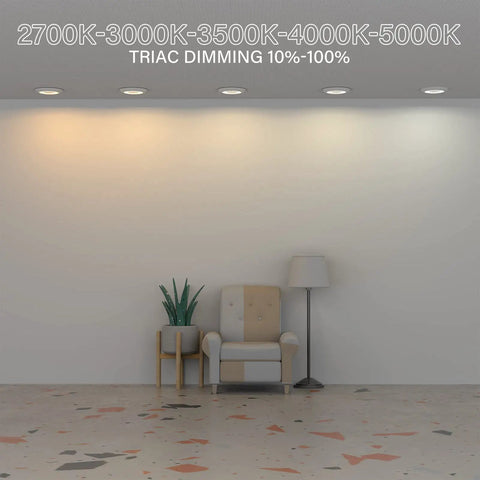 20 Pack 6 Inch LED Disk Light with Dope 5CCT Switchable Color Temperature 2700K to 5000K illuminating a modern room.
