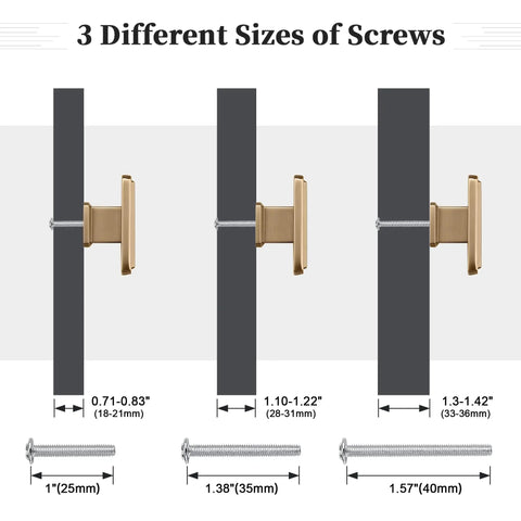 3 different screw sizes for 10 Pack Single Hole Cabinet Handles In Champagne Bronze For Kitchen Cabinets, Zinc Alloy Solid Cupboard Drawer Pulls, 2 Inch Overall Length, Heavy Duty Build With Smooth Rounded Edges For Easy Grip And Modern Style Built To Last, Tough As Nails