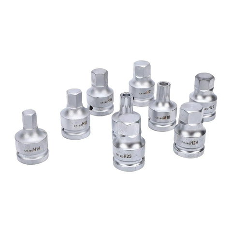 Rock Solid 9 Pcs Heavy Duty Impact Hex Bit Socket Set With 3 4 Inch Drive, Features Cr Mo Steel Build For Big Jobs Like H14 To H24 Size Allen And M16 M18 Spline Bits That Save Your Tools During Tough Repairs. Eight Cr-Mo impact hex bit sockets shown on white background, H14 to H24