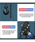 Heavy Duty Manual Lever Hoist With Hella Durable Ratchet System And Swivel Hooks Delivers Zero Slack Lock And Smooth Lift Capability For Any Garage Job - Chain anti-drop ring and hand chain wheel details.