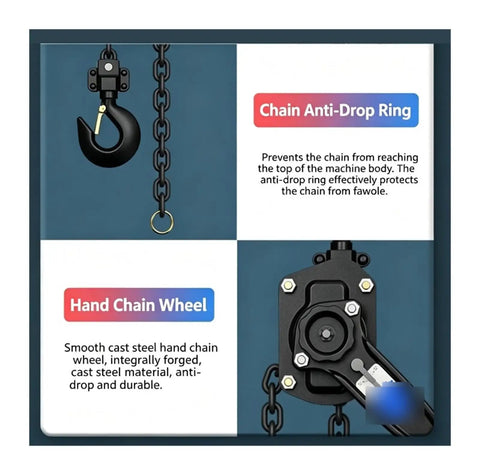 Heavy Duty Manual Lever Hoist With Hella Durable Ratchet System And Swivel Hooks Delivers Zero Slack Lock And Smooth Lift Capability For Any Garage Job - Chain anti-drop ring and hand chain wheel details.