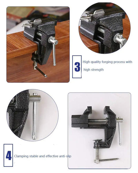Handy Little 2.4 Inch Mini Table Clamp Bench Vise Made From Durable Cast Iron For Jewelers Hobbyists And Craft Repair Pros Portable Workbench Black Strong Compact Vise With 60mm Jaw Width 30mm Opening And 35mm Max Opening clamped on wooden desk showing close-up details