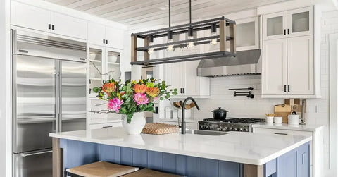 Modern kitchen with 34 Inch Four Light Farmhouse Kitchen Island Pendant Light With Linear Rectangle Chandelier In Smoked Birch Finish.