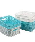 Six Pack Plastic Storage Bins Blue And White With Hollow Out Design For Quick Easy Organization And Grab And Go Storage