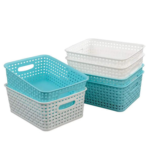 Six Pack Plastic Storage Bins Blue And White With Hollow Out Design For Quick Easy Organization And Grab And Go Storage