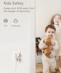 Mini Smart Plug With Voice Control in use, child safety features like ETL certification and child lock while kids play in background