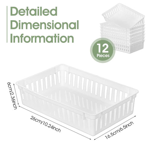 12 Pack Plastic Organizer Baskets White Storage Bins Trays For Desk Home Office Shelves And Craft Room Organization Easy Grab Mess Free Neat And Tidy Large Capacity Stackable Ventilated Mesh
