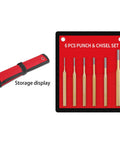 Six Piece Center Punch Set With Flat And Masonry Chisels For Metalworking And DIY Projects heavy duty steel in red display pouch