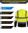 Front view of Hi Vis Long Sleeve Safety Shirts For Men 4 Pack Reflective Construction Workwear With Pockets Moisture Wicking Birdseye Knit Lightweight Polyester Yellow.