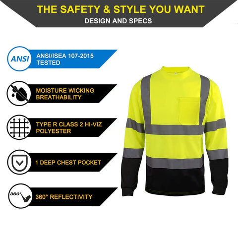 Front view of Hi Vis Long Sleeve Safety Shirts For Men 4 Pack Reflective Construction Workwear With Pockets Moisture Wicking Birdseye Knit Lightweight Polyester Yellow.