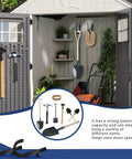 Outdoor shed with tools hanging on Six Pack Heavy Duty ABS Storage Shed Hooks For Ladders Garden Rakes And Bulk Tools.
