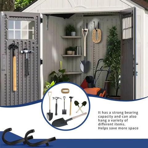 Outdoor shed with tools hanging on Six Pack Heavy Duty ABS Storage Shed Hooks For Ladders Garden Rakes And Bulk Tools.