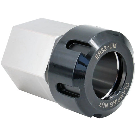 ER32 Collet Chuck Block Set Of 2 For Square Hex And Parallel Workholding On CNC Lathes, shown with clamping nut