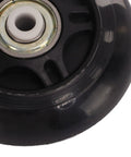 Close-up of 69mm inline skate wheel with bearings, ultra quiet PU rubber for shock absorption and strong grip.