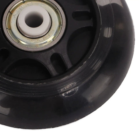 Close-up of 69mm inline skate wheel with bearings, ultra quiet PU rubber for shock absorption and strong grip.