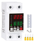 Smart Circuit Breaker With Adjustable Voltage Protection 70-200V Low Cutoff, 140-300V High Cutoff, 1-63A Overcurrent Protector AC Disconnect Switch DIN Rail Mount 19 Customizable Presets For Precise Electrical Safety. Front view showing display and components.