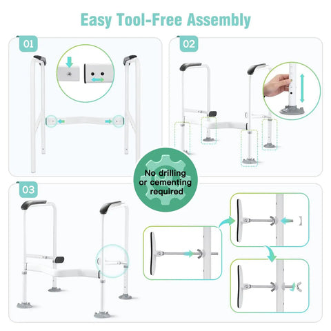 Easy assembly of Heavy Duty Toilet Safety Rail For Elderly with adjustable height and width anti-slip grab bar with non-slip mat.