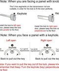 Diagram showing installation guide for lock with keyhole orientation for left and right open doors, with notes on key position.