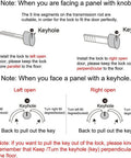Installation instructions for Matte Black Privacy Pocket Door Lock Hardware with diagrams for left and right door alignment.