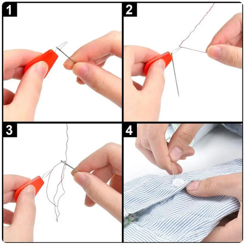 All In One Sewing Kit With 229 Pieces For Beginners And Pros Travel Ready For Home And School Includes Scissors Detailed And Power Shears DIY Gift 41XL Thread Spools 30 Needles Pins Magnifier Tape Measures Markers And Clips showing step-by-step needle threading and sewing on fabric