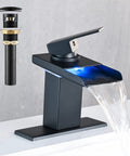 LED Temperature Sensing Matte Black Waterfall Faucet For One Hole Sinks No Sweat Install Vanity Tap With Metal Pop Up Drain