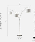 Arc Floor Lamp With Three Movable Beige Burlap Shades Dimmable Brightness And Adjustable Arms In Brushed Steel For Lit Ambient Lighting In Bedroom