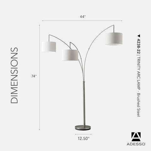 Arc Floor Lamp With Three Movable Beige Burlap Shades Dimmable Brightness And Adjustable Arms In Brushed Steel For Lit Ambient Lighting In Bedroom