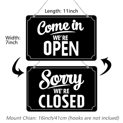 Open Closed Sign Set With Business Hours Flip Sign For Window And Door Includes Vinyl Sticker Pack Eye Catching Open For Biz And Closed Messages Perfect For Store Restaurant Or Bar Black - Dual-sided with dimensions, no hooks