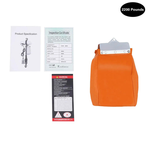 Rock Solid 1300W Electric Chain Hoist, 2200 Lb Capacity Heavy Duty Lifting Workhorse documentation, certificates, and orange carrying bag.
