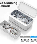 Ultrasonic Jewelry Cleaner 45Khz 450ML with glasses in cleaning modes, showcasing before and after shine results.