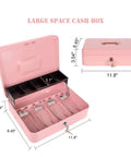 Open pink cash box with money tray and key lock, showing two-tier coin tray, dimensions 11.8 x 9.45 x 3.54 inches