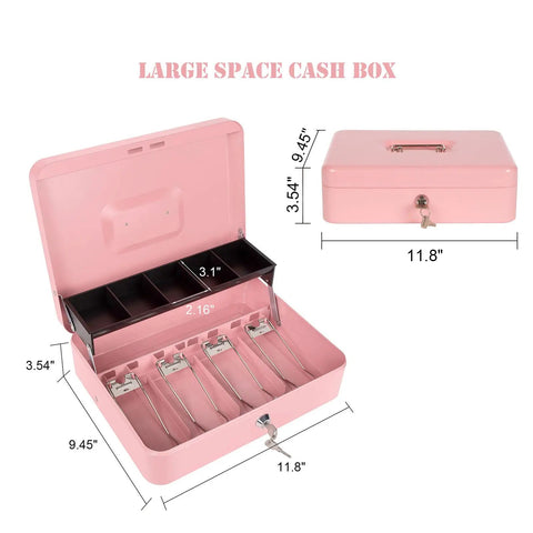Open pink cash box with money tray and key lock, showing two-tier coin tray, dimensions 11.8 x 9.45 x 3.54 inches