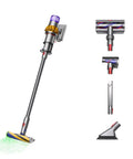 V15 Detect Plus Cordless Vacuum With Illumination Revealing Dust, various heads and attachments, includes wall dock, silver finish