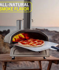 Kiln Dried Pizza Oven Wood Logs 6 Inch For Grills And Smokers With Hickory Oak And Cherry Blend USDA Certified 12 Lbs Provides Rich Smoke Flavor For Pizza Ovens Smokers And Grills visible in outdoor pizza oven with pizza.