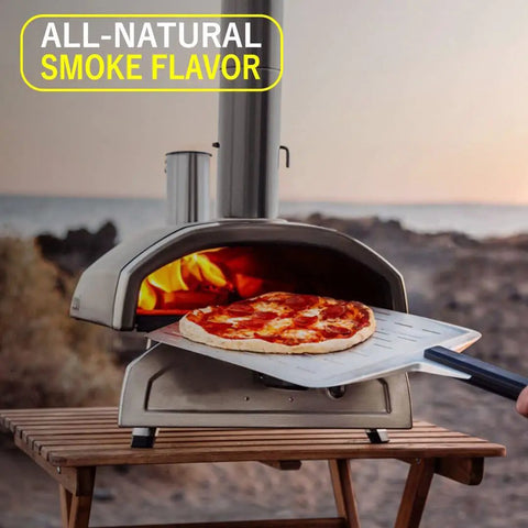 Kiln Dried Pizza Oven Wood Logs 6 Inch For Grills And Smokers With Hickory Oak And Cherry Blend USDA Certified 12 Lbs Provides Rich Smoke Flavor For Pizza Ovens Smokers And Grills visible in outdoor pizza oven with pizza.