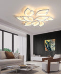 Modern LED Ceiling Light Dimmable Flower Petal Flush Mount Fixture Nine Head White Acrylic Petals 70W Chandelier Style Ceiling Lamp For Living Room And Bedroom With Stylish Glow illuminating a modern living room.
