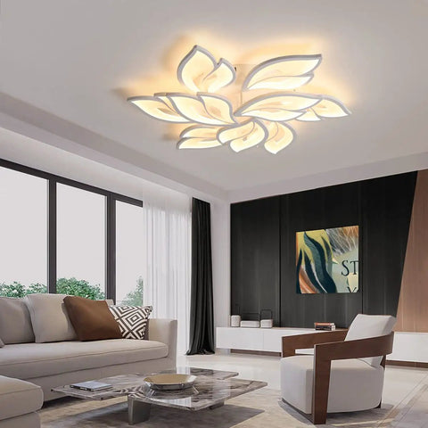 Modern LED Ceiling Light Dimmable Flower Petal Flush Mount Fixture Nine Head White Acrylic Petals 70W Chandelier Style Ceiling Lamp For Living Room And Bedroom With Stylish Glow illuminating a modern living room.