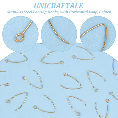 Golden V Shape Stainless Steel Earring Hooks, 50 Pcs Metal Ear Wires With Horizontal Loop For Jewelry Making DIY Earrings Findings