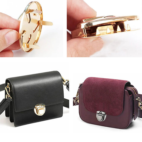 GeoGeoDIY turn lock purse clasps set with washers; gold-tone hardware shown on black and burgundy handbags.