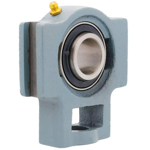 Close-up angle of Two Pack Mounted Unit Bearing Take Up Assembly With Cast Iron Housing T205 And UC20516 Insert Bearing 1 Inch Shaft Bore