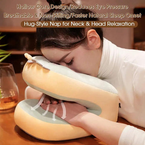 Woman using the Nap Pillow For Office And Travel Portable Neck Support Pillow For Sleeping and Cervical Pain Relief, cute duck design.