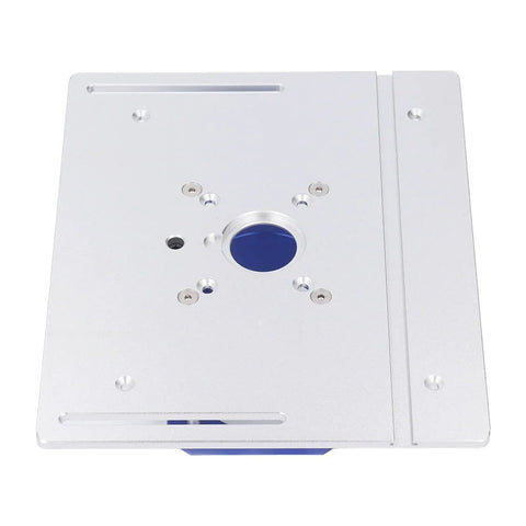 Heavy Duty Router Table Lift Kit With No Hassle Aluminum Flip Insert Plate and Quick Grip Wrench top view showing precision aluminum plate.