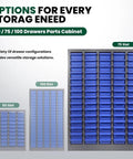 75 Drawer Parts Organizer Cabinet Top Shelf Storage Game Changer For Garage And Home Workshop showcase with multiple drawer configurations.