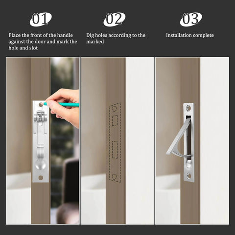 Installation steps for Pocket Door Pull And Edge Pull Set In Brushed Nickel, 6 Inch Handles, recessed finger flush pulls.