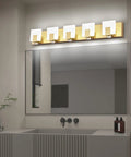 Dimmable Modern Bathroom Vanity Light Over Mirror In Golden Finish LED 5 Light Bar Fixture Slim Angled Design above sink