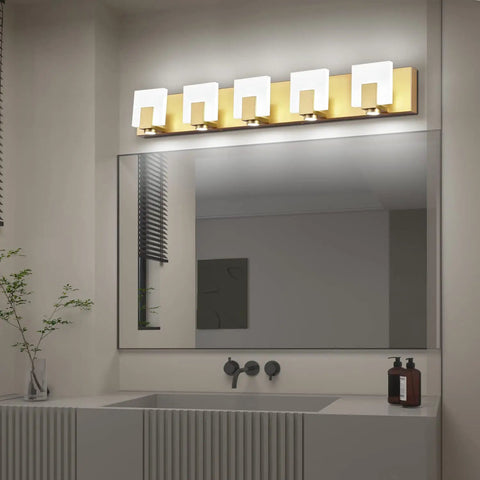 Dimmable Modern Bathroom Vanity Light Over Mirror In Golden Finish LED 5 Light Bar Fixture Slim Angled Design above sink