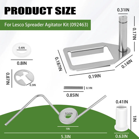 Diagram showing size dimensions of Spreader Agitator Kit for 80lb Lesco Spreaders with actuator and snap ring, models 101186, 091186.