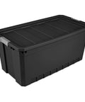 Heavy Duty Workhorse Plastic Storage Totes 50 Gallon Bulk Nine Pack featuring a black stackable bin with secure snap lid.