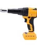 Heavy Duty Cordless Rivet Nailer With Brushless Motor And Auto Reverse Works Perfectly With Dewalt Dcb Batteries For Overhead Jobs Or Tight Spaces Includes Led Light Plus 18 Inch Rivet Cap Kit To Zip Up Metal Sheets Fast, side view with metal nozzle